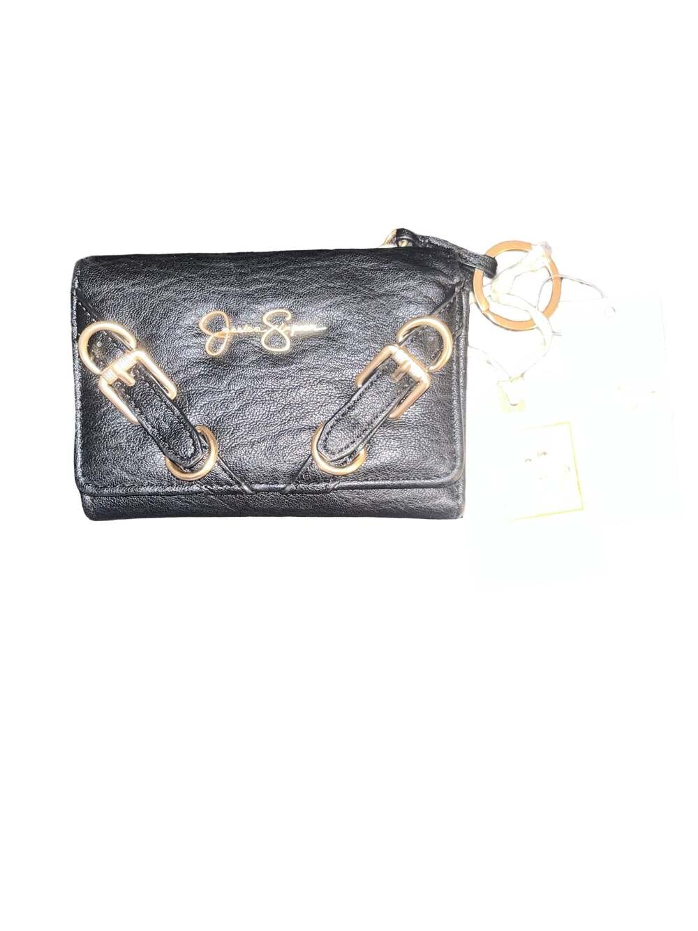Jessica Simpson Black Pebbled Faux Leather Small Trifold Wallet with Buckle Deta